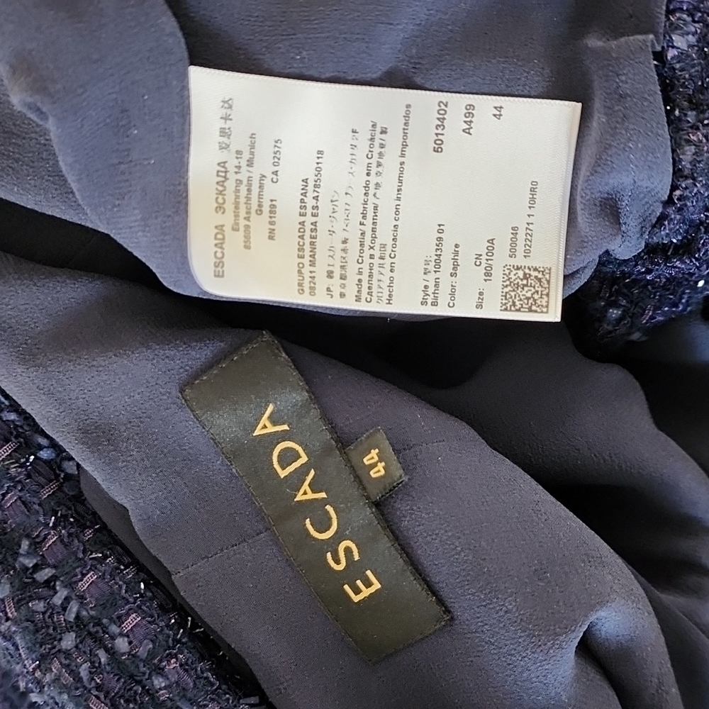 VINTAGE ESCADA Bouclé Tweed Blazer 44 M Blue Silk Wool Textured Sparkle Jacket - Picture 12 of 16